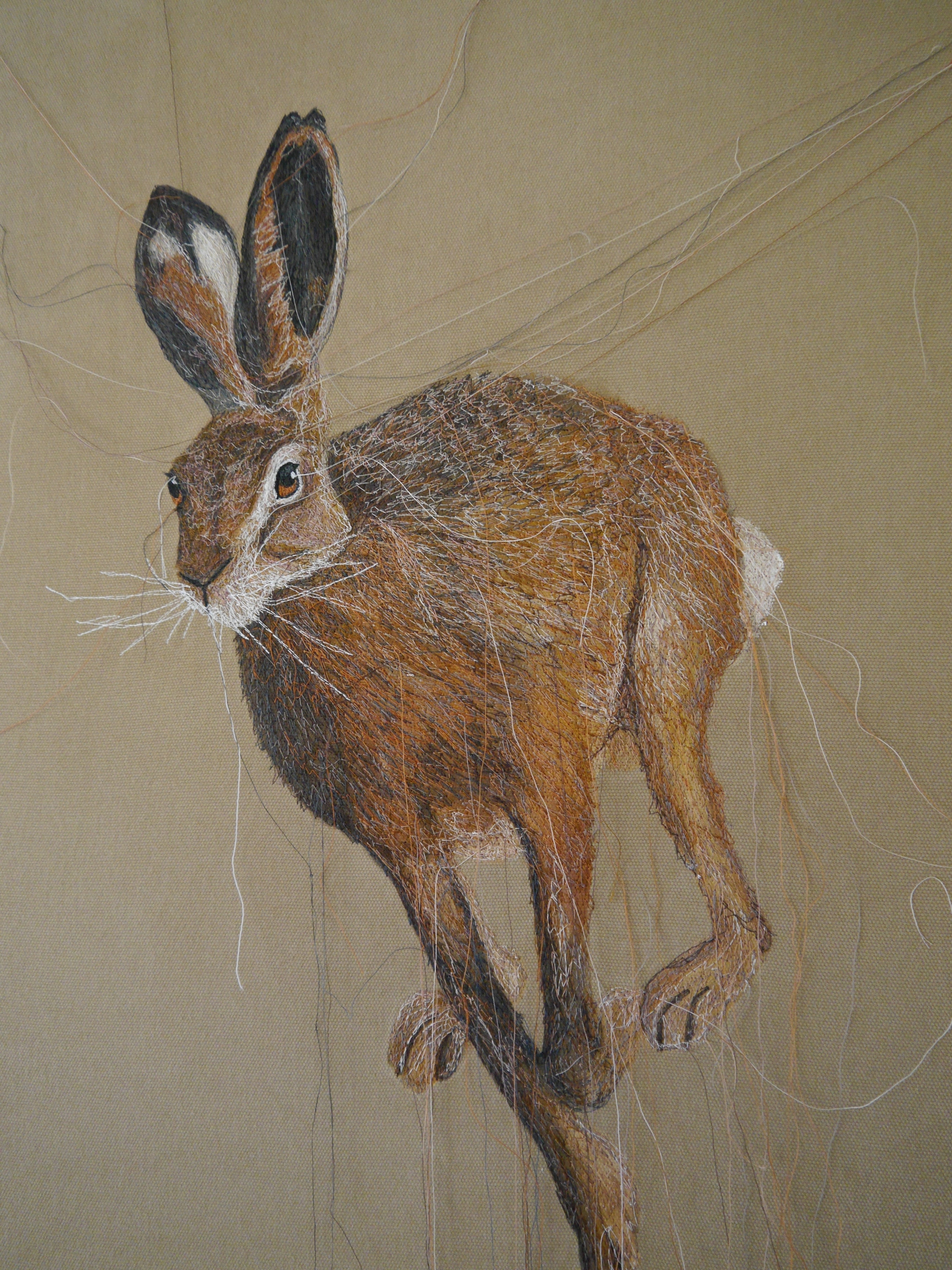 *Sold* Running Hare Embroidered Canvas
