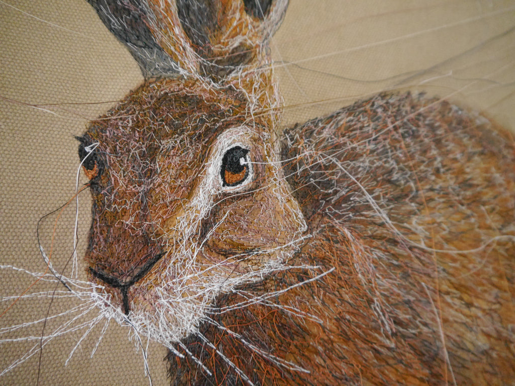 *Sold* Running Hare Embroidered Canvas