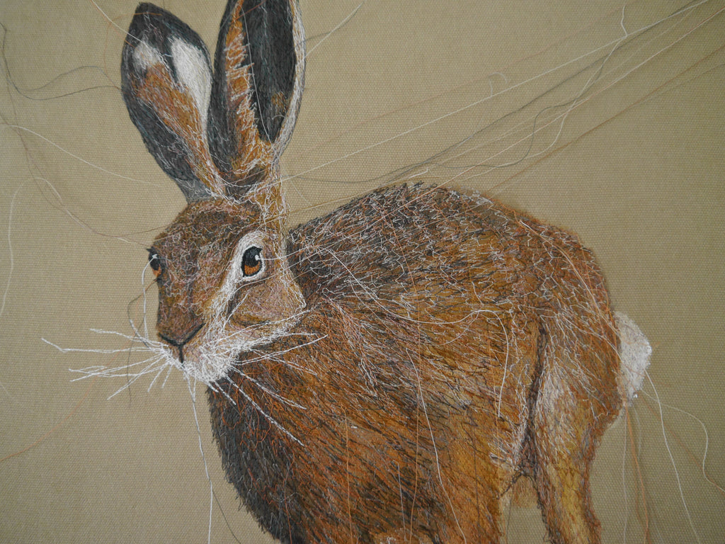*Sold* Running Hare Embroidered Canvas